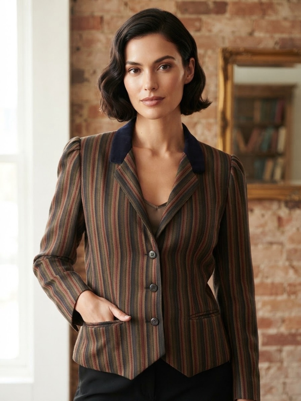 VINTAGE 80s Sasson Striped Blazer with Velvet Collar